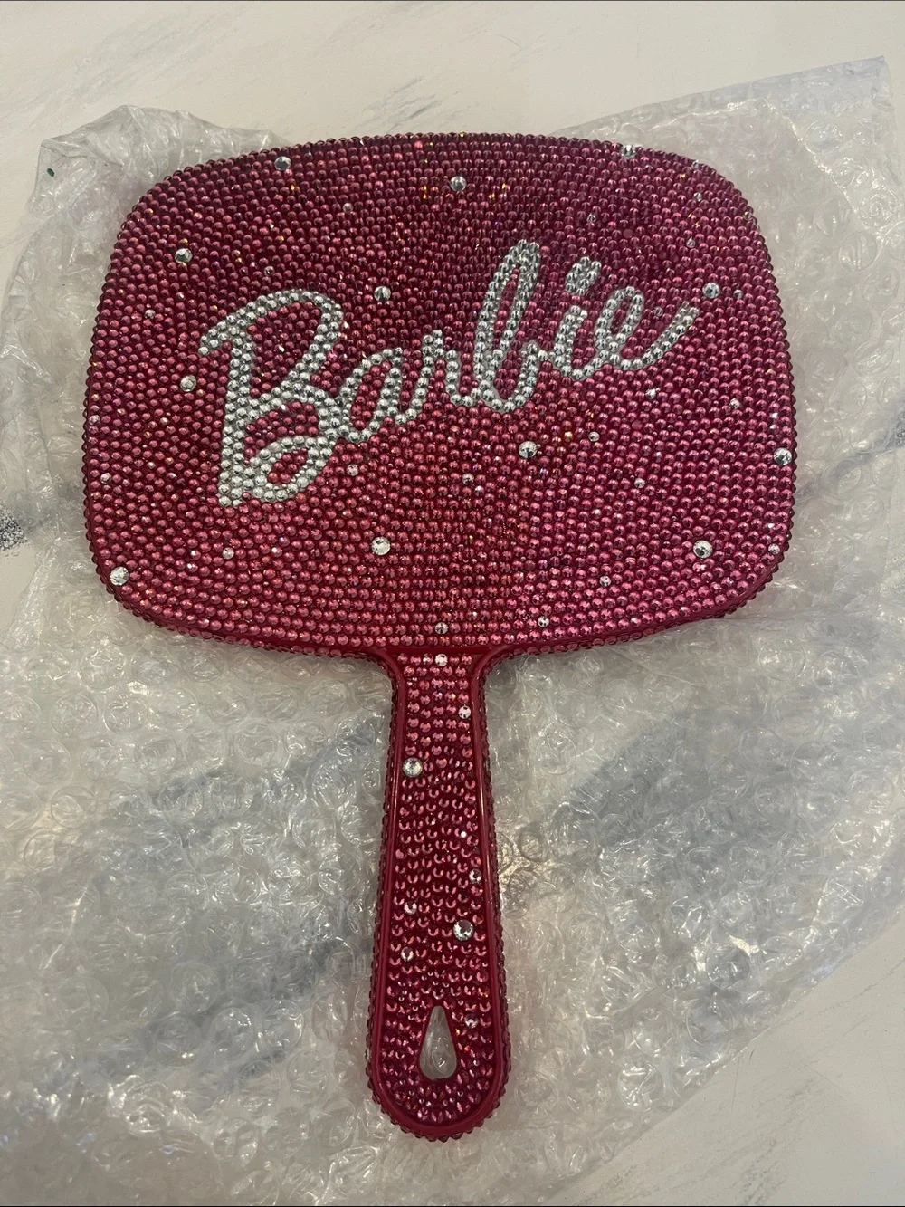 NWOT Barbie Hot Pink Rhinestone Hand Mirror with Silver Logo